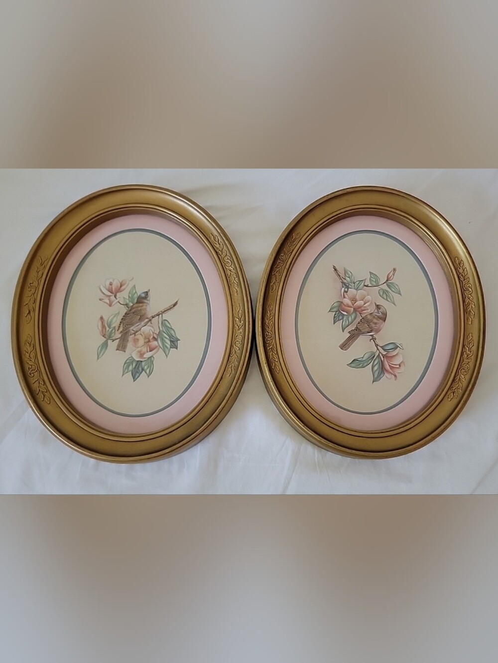 Vintage Bird Floral Oval Wall Art Pair - Pink & Gold